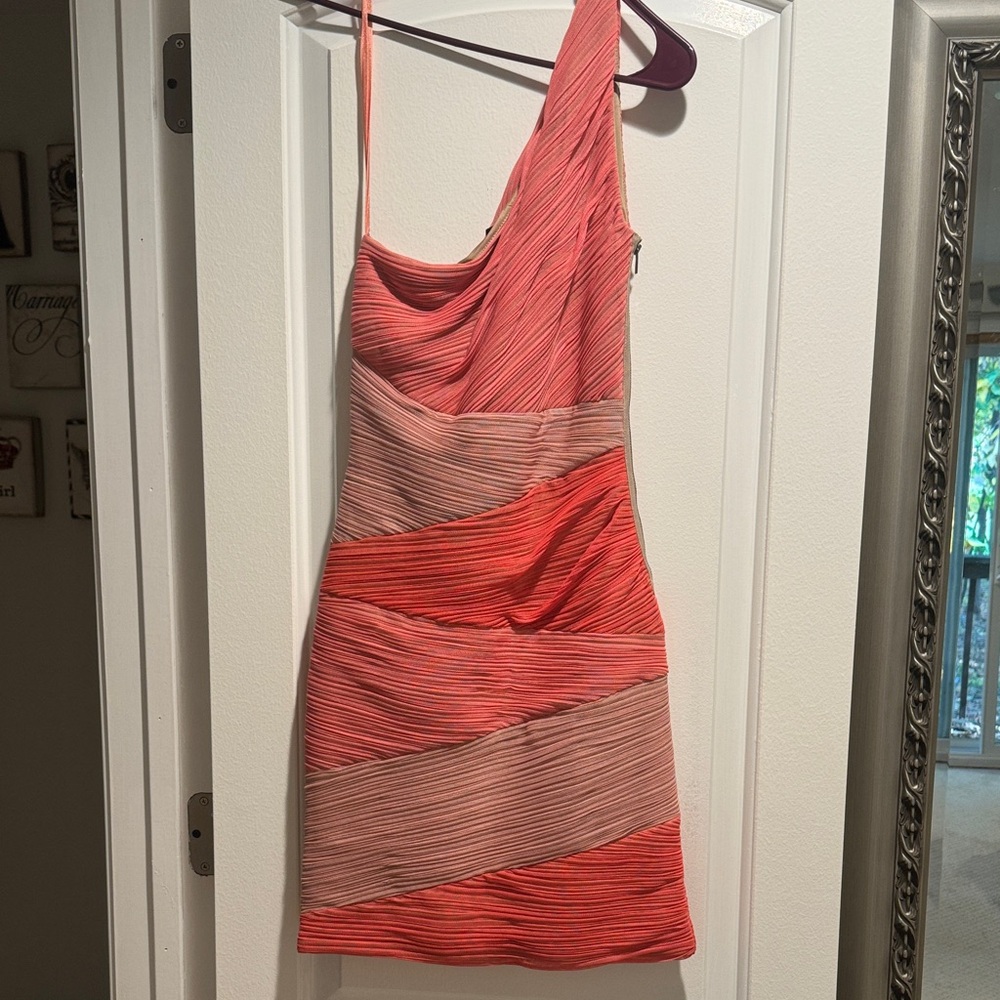 BCBGMaxAzria One Shoulder Coral and Pink Dress
